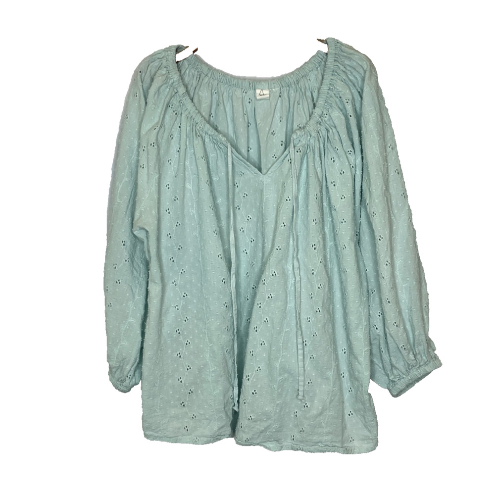 Women's Large Joie Teal Blue 100% Cotton Eyelet Boho Peasant Blouse